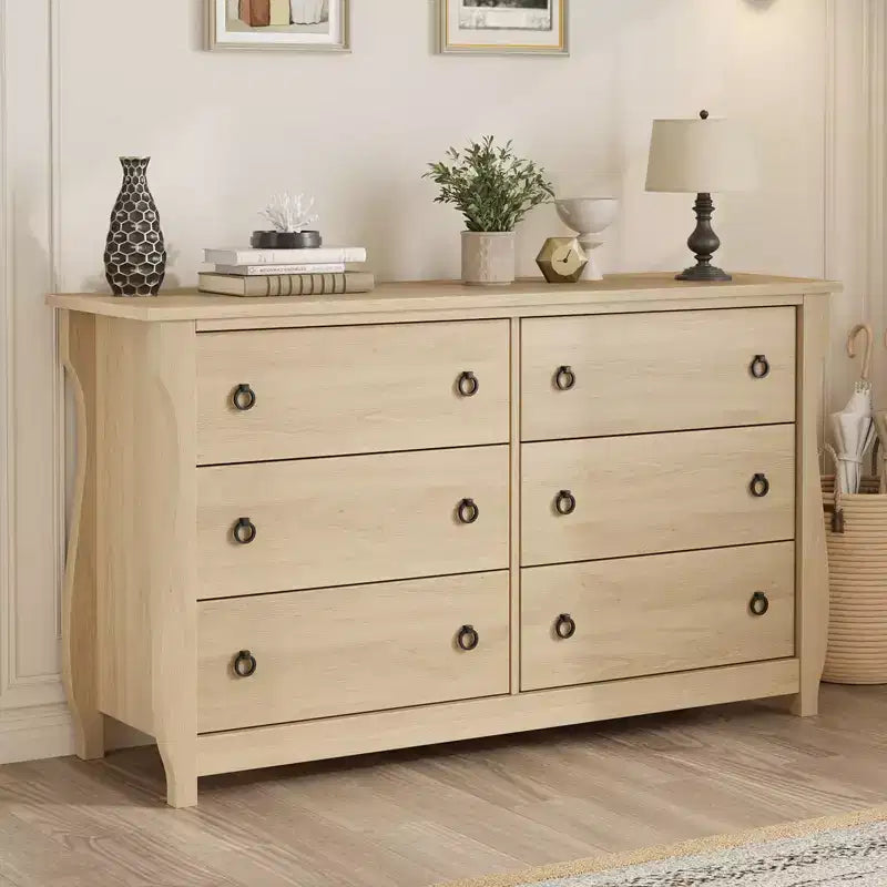 Garvee Natural 6 Drawer Dresser, 47 Wide Boho Dresser Organizer with Curved Legs and Large Storage for Living Room, Bedroom, Entryway, Nursery