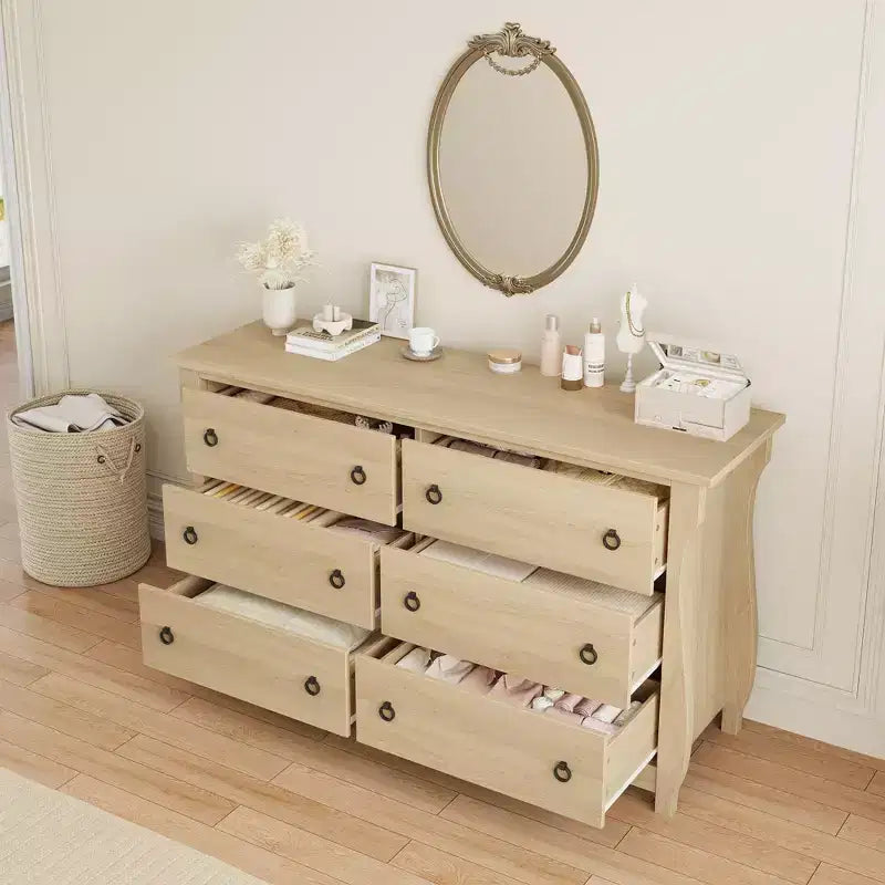 Garvee Natural 6 Drawer Dresser, 47 Wide Boho Dresser Organizer with Curved Legs and Large Storage for Living Room, Bedroom, Entryway, Nursery