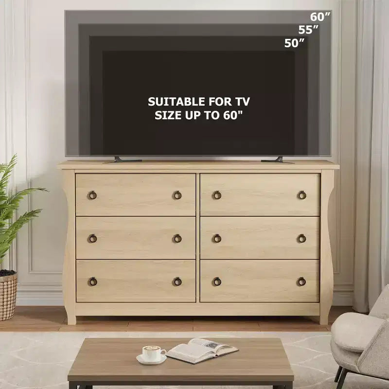 Garvee Natural 6 Drawer Dresser, 47 Wide Boho Dresser Organizer with Curved Legs and Large Storage for Living Room, Bedroom, Entryway, Nursery