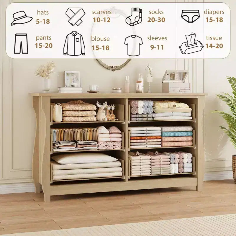 Garvee Natural 6 Drawer Dresser, 47 Wide Boho Dresser Organizer with Curved Legs and Large Storage for Living Room, Bedroom, Entryway, Nursery