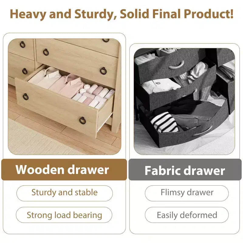 Garvee Natural 6 Drawer Dresser, 47 Wide Boho Dresser Organizer with Curved Legs and Large Storage for Living Room, Bedroom, Entryway, Nursery