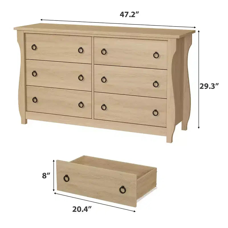 Garvee Natural 6 Drawer Dresser, 47 Wide Boho Dresser Organizer with Curved Legs and Large Storage for Living Room, Bedroom, Entryway, Nursery