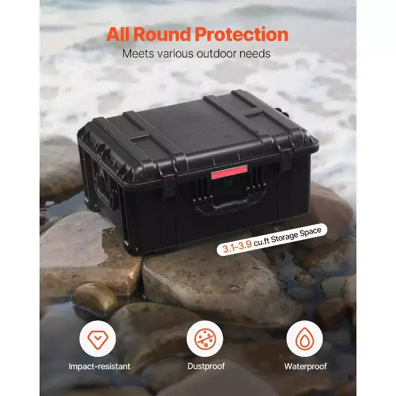 VEVOR Weatherproof Hard Case, Heavy Duty Protective Dry Box Case with Pre-Cut Foam, Wheels & Retractable Pull Handles for Travel, Hunt, Black