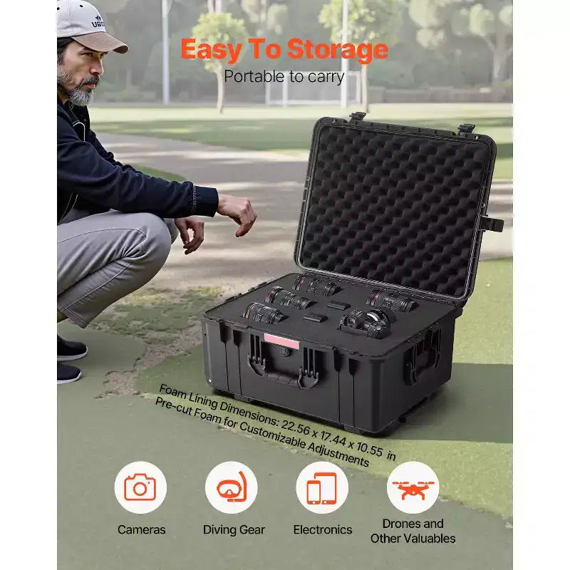 VEVOR Weatherproof Hard Case, Heavy Duty Protective Dry Box Case with Pre-Cut Foam, Wheels & Retractable Pull Handles for Travel, Hunt, Black