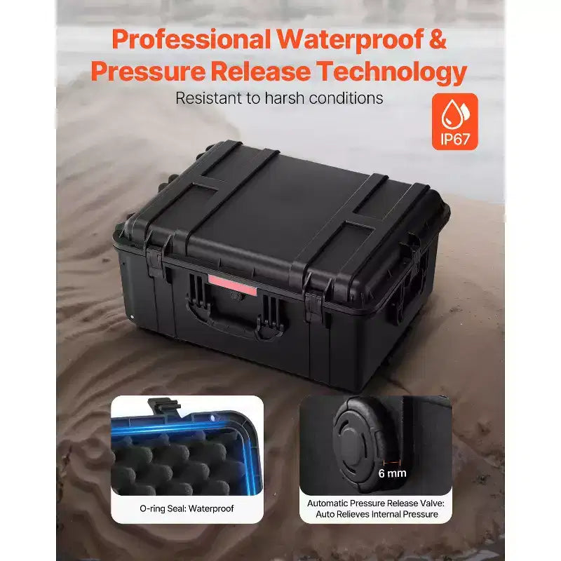 VEVOR Weatherproof Hard Case, Heavy Duty Protective Dry Box Case with Pre-Cut Foam, Wheels & Retractable Pull Handles for Travel, Hunt, Black