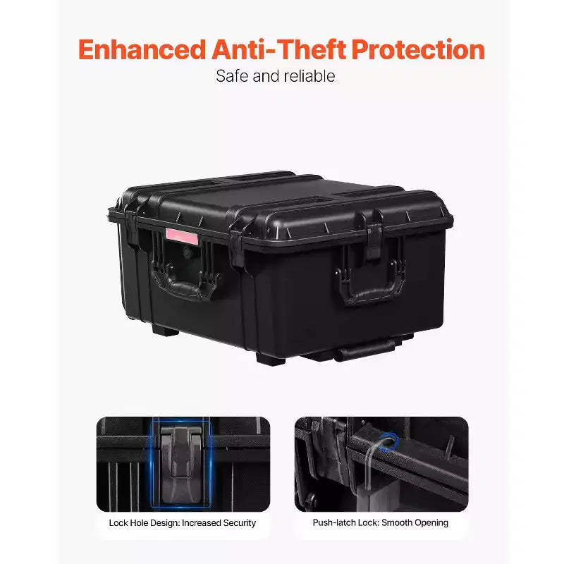 VEVOR Weatherproof Hard Case, Heavy Duty Protective Dry Box Case with Pre-Cut Foam, Wheels & Retractable Pull Handles for Travel, Hunt, Black