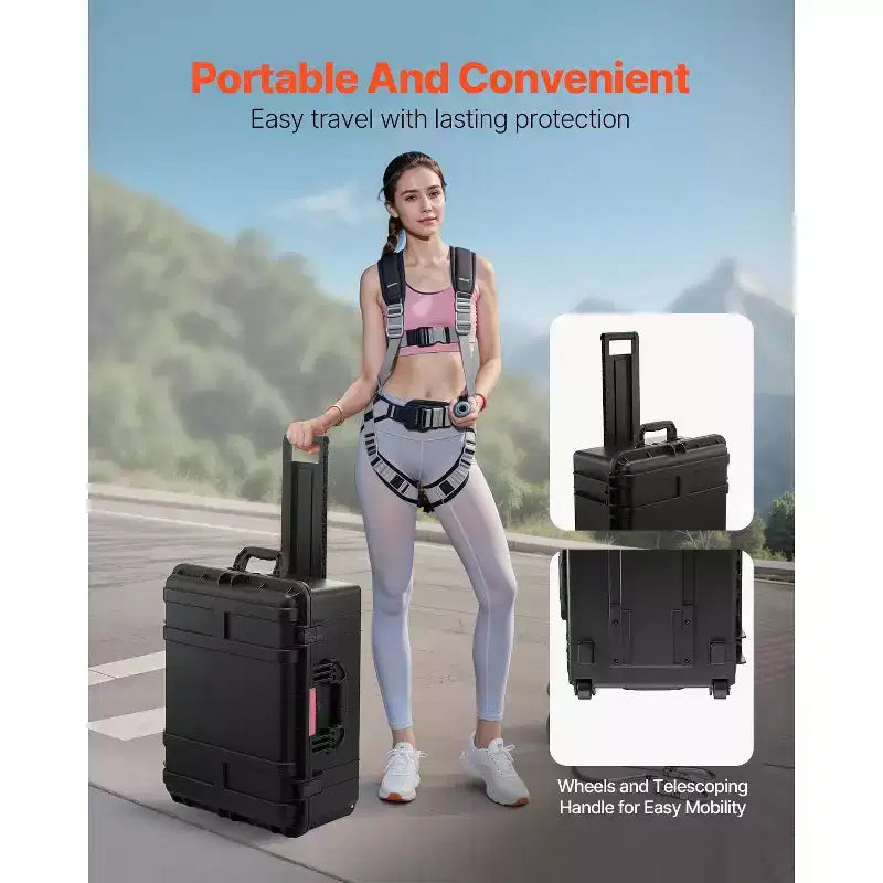 VEVOR Weatherproof Hard Case, Heavy Duty Protective Dry Box Case with Pre-Cut Foam, Wheels & Retractable Pull Handles for Travel, Hunt, Black
