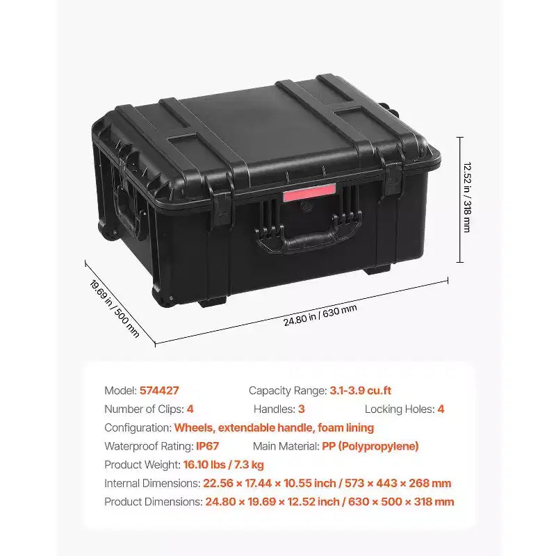 VEVOR Weatherproof Hard Case, Heavy Duty Protective Dry Box Case with Pre-Cut Foam, Wheels & Retractable Pull Handles for Travel, Hunt, Black