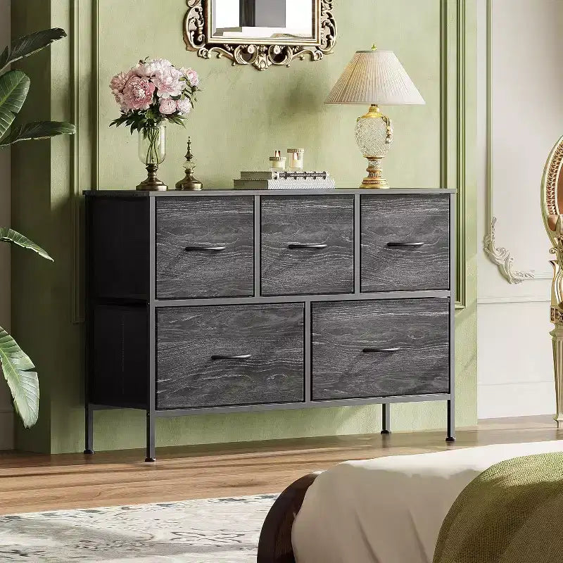 GALAXHERO 5 Drawer Dresser, Long Fabric Storage Unit for Bedroom, Closet & Hallway Charcoal Black Wood Grain Print