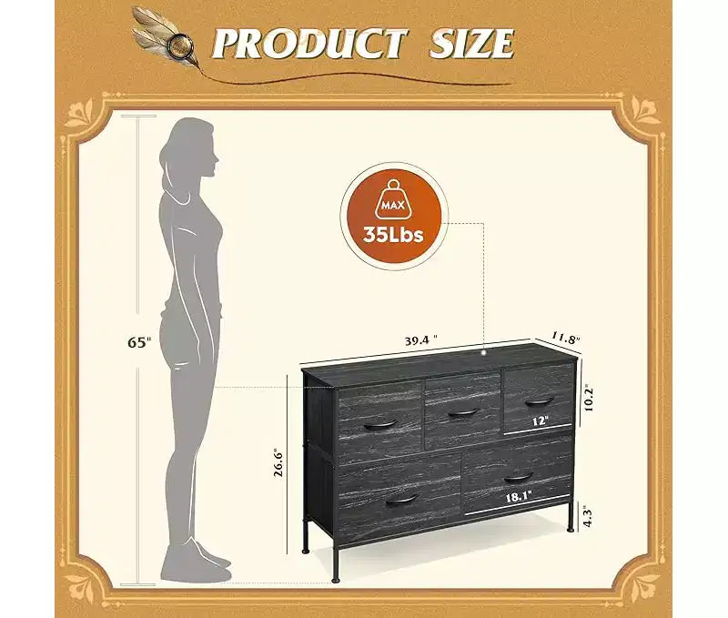 GALAXHERO 5 Drawer Dresser, Long Fabric Storage Unit for Bedroom, Closet & Hallway Charcoal Black Wood Grain Print