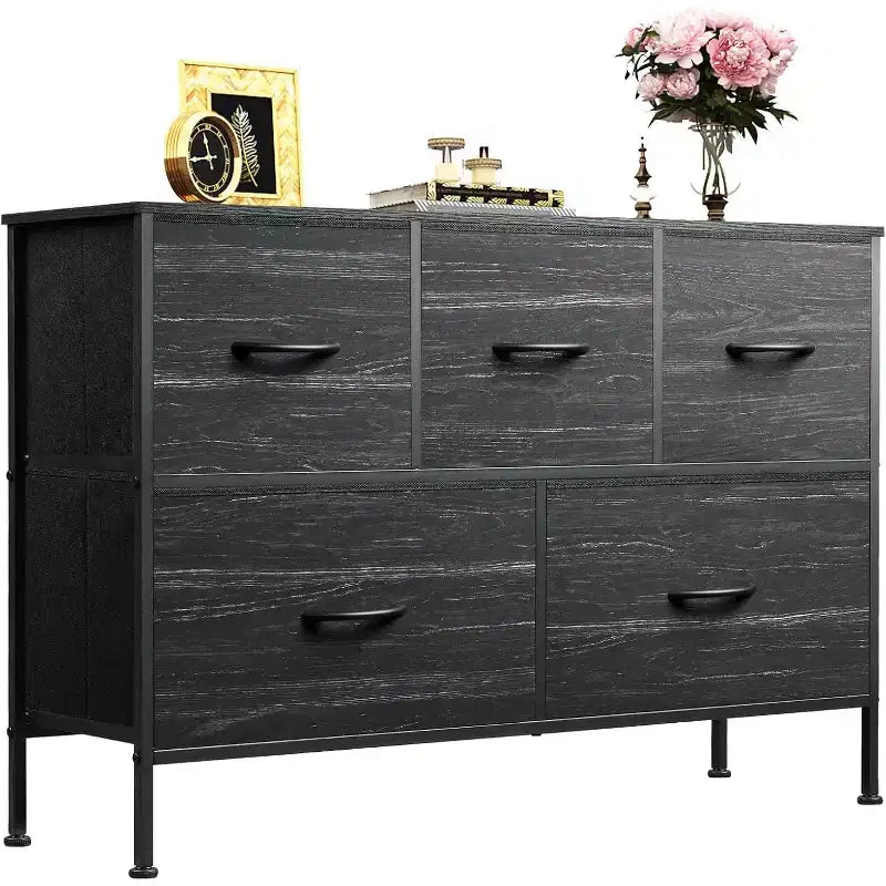 GALAXHERO 5 Drawer Dresser, Long Fabric Storage Unit for Bedroom, Closet & Hallway Charcoal Black Wood Grain Print