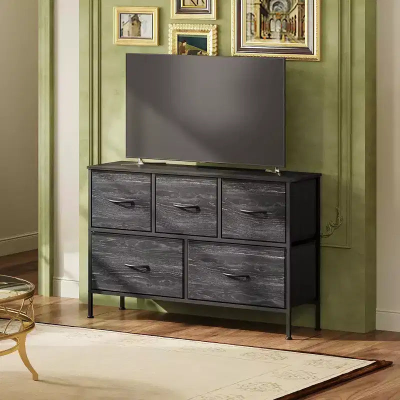 GALAXHERO 5 Drawer Dresser, Long Fabric Storage Unit for Bedroom, Closet & Hallway Charcoal Black Wood Grain Print