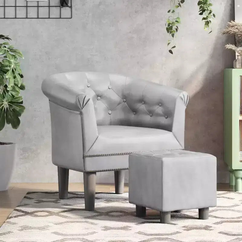 vidaXL Tub Chair with Footstool - Silver Faux Leather Design - Ideal for Living Room, Bedroom, or Office