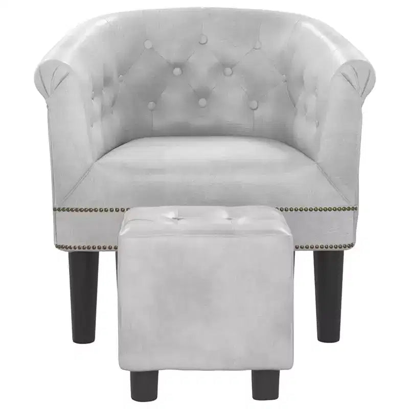 vidaXL Tub Chair with Footstool - Silver Faux Leather Design - Ideal for Living Room, Bedroom, or Office