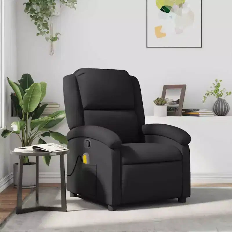 VidaXL Massage Recliner Chair with 6-Point Vibration, Adjustable, Black Real Leather - Black