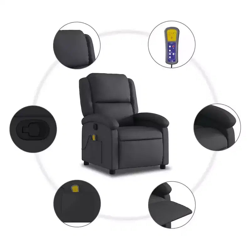 VidaXL Massage Recliner Chair with 6-Point Vibration, Adjustable, Black Real Leather - Black