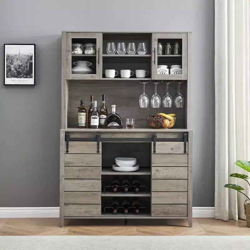 70'' Tall Farmhouse Coffee Bar Cabinet, Kitchen Hutch Storage with Sliding Barn Door, Tall Sideboard Buffet with Wine Rack,Home Bar, Gray