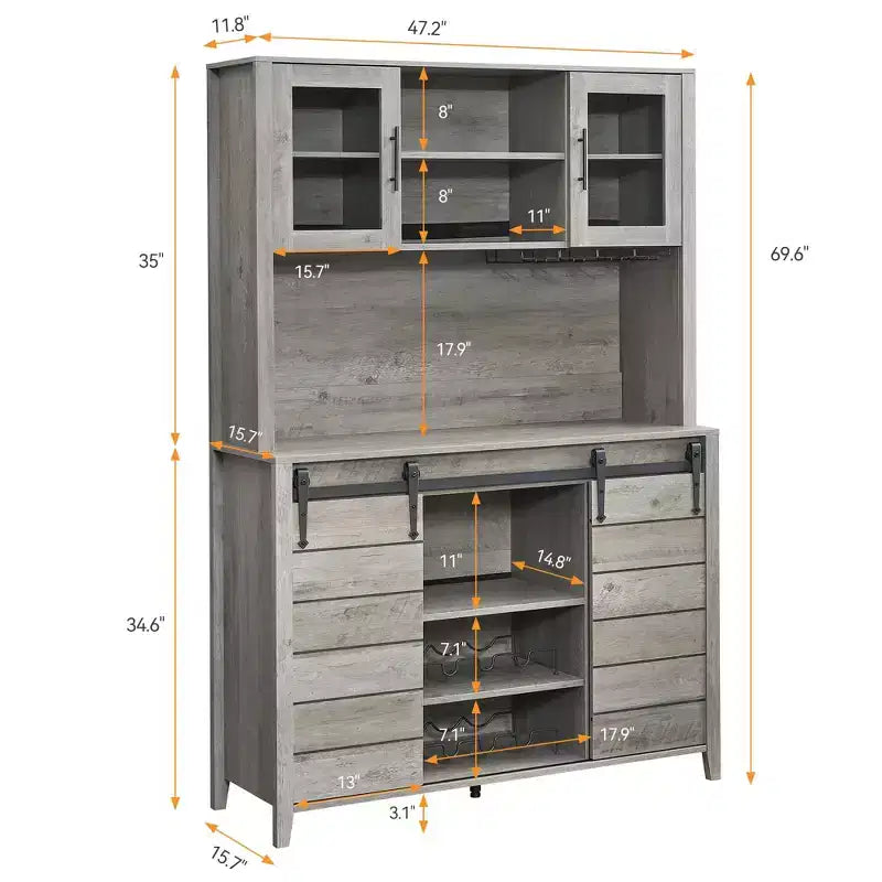 70'' Tall Farmhouse Coffee Bar Cabinet, Kitchen Hutch Storage with Sliding Barn Door, Tall Sideboard Buffet with Wine Rack,Home Bar, Gray