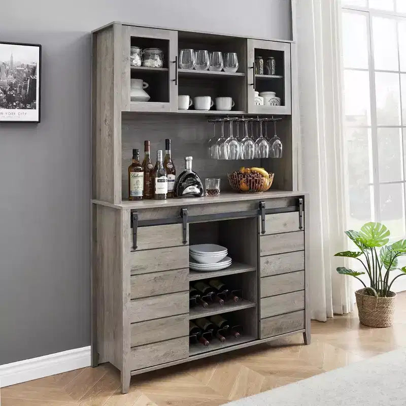70'' Tall Farmhouse Coffee Bar Cabinet, Kitchen Hutch Storage with Sliding Barn Door, Tall Sideboard Buffet with Wine Rack,Home Bar, Gray