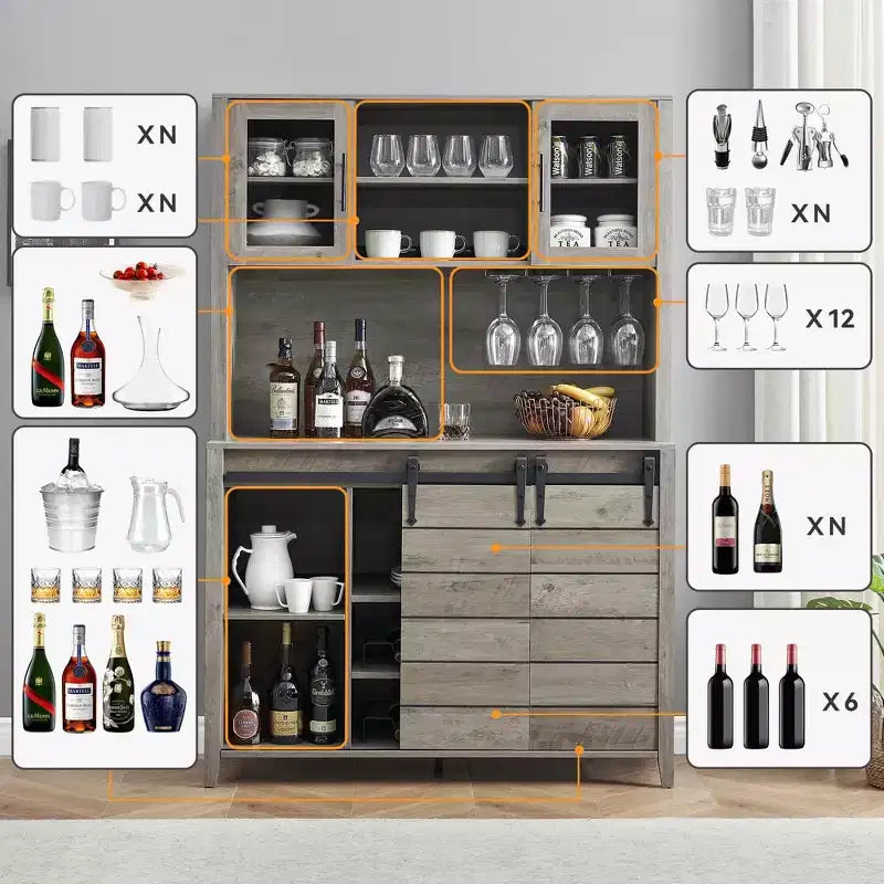 70'' Tall Farmhouse Coffee Bar Cabinet, Kitchen Hutch Storage with Sliding Barn Door, Tall Sideboard Buffet with Wine Rack,Home Bar, Gray