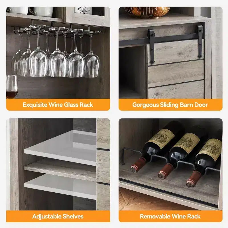 70'' Tall Farmhouse Coffee Bar Cabinet, Kitchen Hutch Storage with Sliding Barn Door, Tall Sideboard Buffet with Wine Rack,Home Bar, Gray