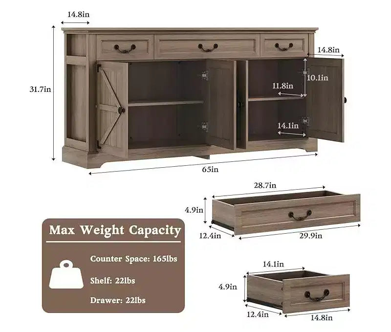 Dyonery 65 Large buffet storage cabinet, farmhouse kitchen cutlery cabinet buffet, 3 drawers and 4 doors, living room storage cabinet