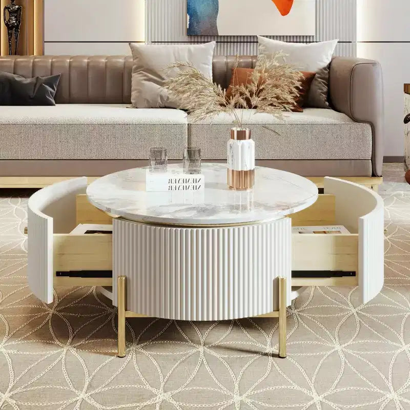 Okak 31.5 Round Storage Coffee Table, Modern Accent Center Table with 2 XL Hidden Drawers, Space-Saving Design for Small Living Room