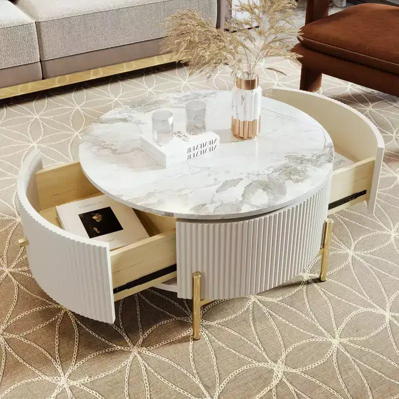 Okak 31.5 Round Storage Coffee Table, Modern Accent Center Table with 2 XL Hidden Drawers, Space-Saving Design for Small Living Room