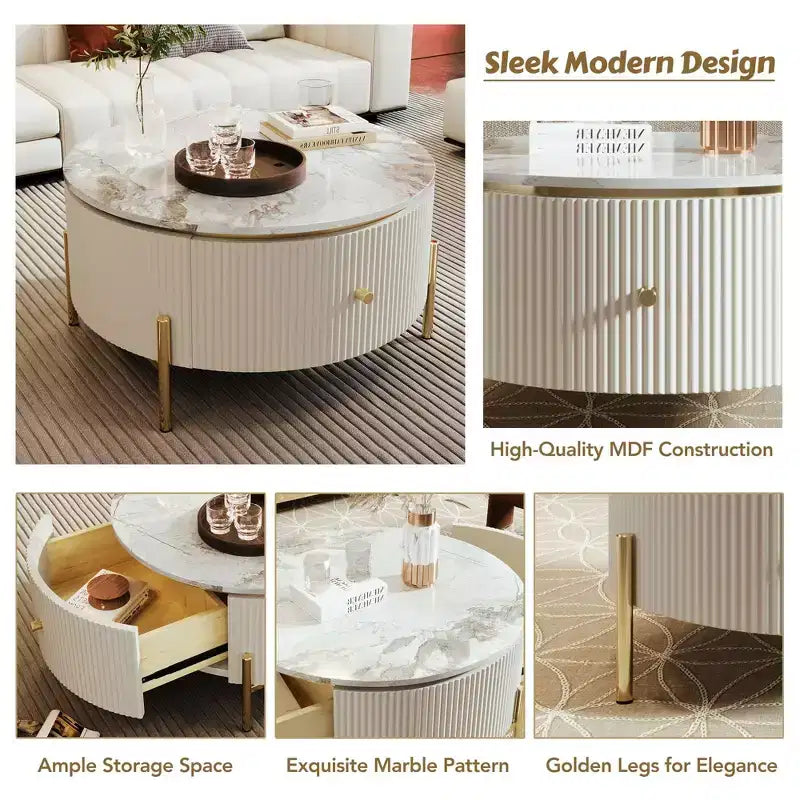 Okak 31.5 Round Storage Coffee Table, Modern Accent Center Table with 2 XL Hidden Drawers, Space-Saving Design for Small Living Room