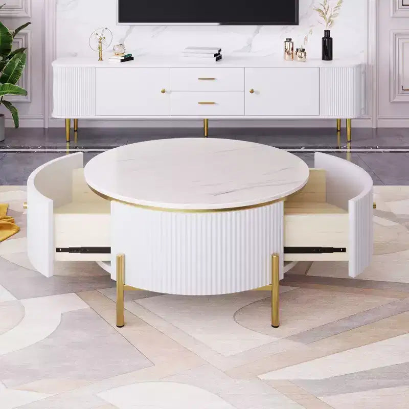 Okak 31.5 Round Storage Coffee Table, Modern Accent Center Table with 2 XL Hidden Drawers, Space-Saving Design for Small Living Room