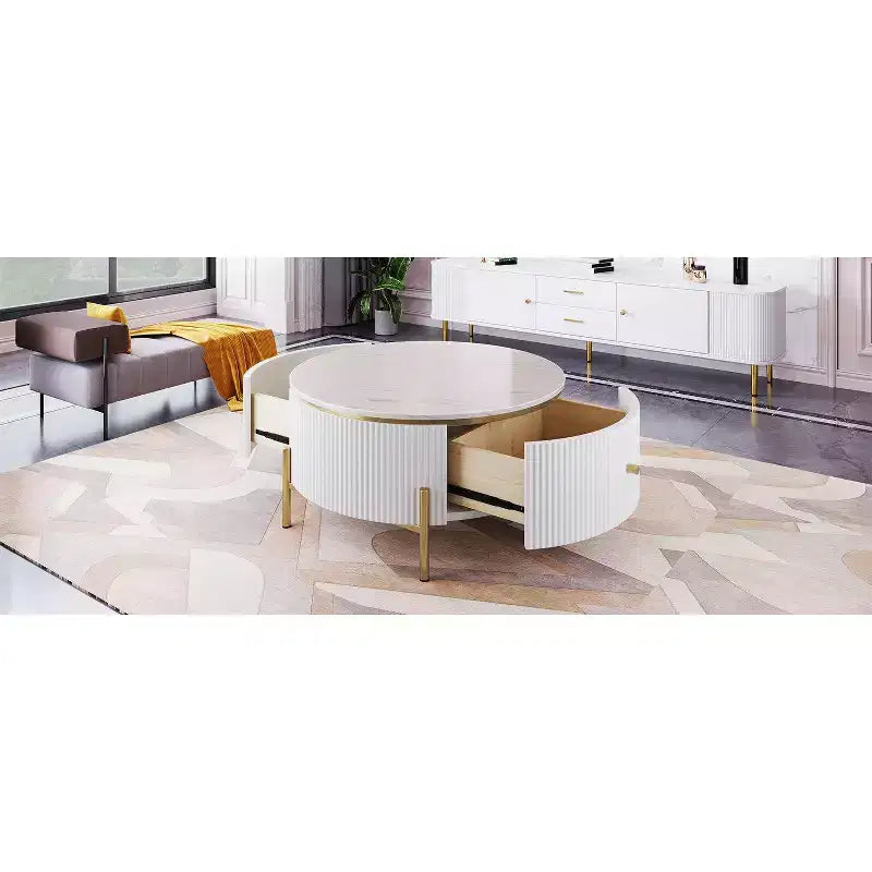Okak 31.5 Round Storage Coffee Table, Modern Accent Center Table with 2 XL Hidden Drawers, Space-Saving Design for Small Living Room
