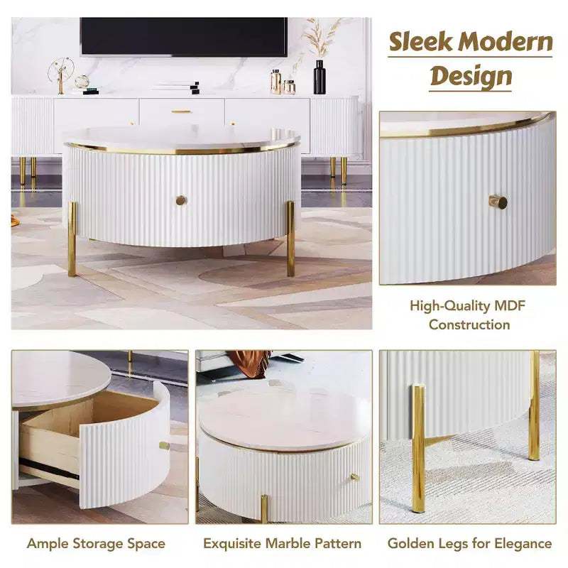 Okak 31.5 Round Storage Coffee Table, Modern Accent Center Table with 2 XL Hidden Drawers, Space-Saving Design for Small Living Room
