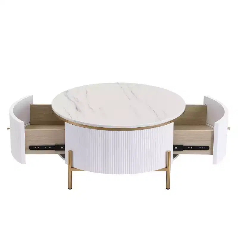 Okak 31.5 Round Storage Coffee Table, Modern Accent Center Table with 2 XL Hidden Drawers, Space-Saving Design for Small Living Room