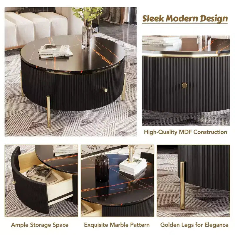 Okak 31.5 Round Storage Coffee Table, Modern Accent Center Table with 2 XL Hidden Drawers, Space-Saving Design for Small Living Room