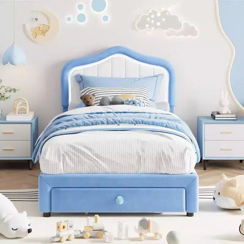 Upholstered Twin Bed Frame with Storage Drawer, Velvet Bed Frame with Headboard for Girls, Boys, No Box Spring Needed, Noise Free, Blue