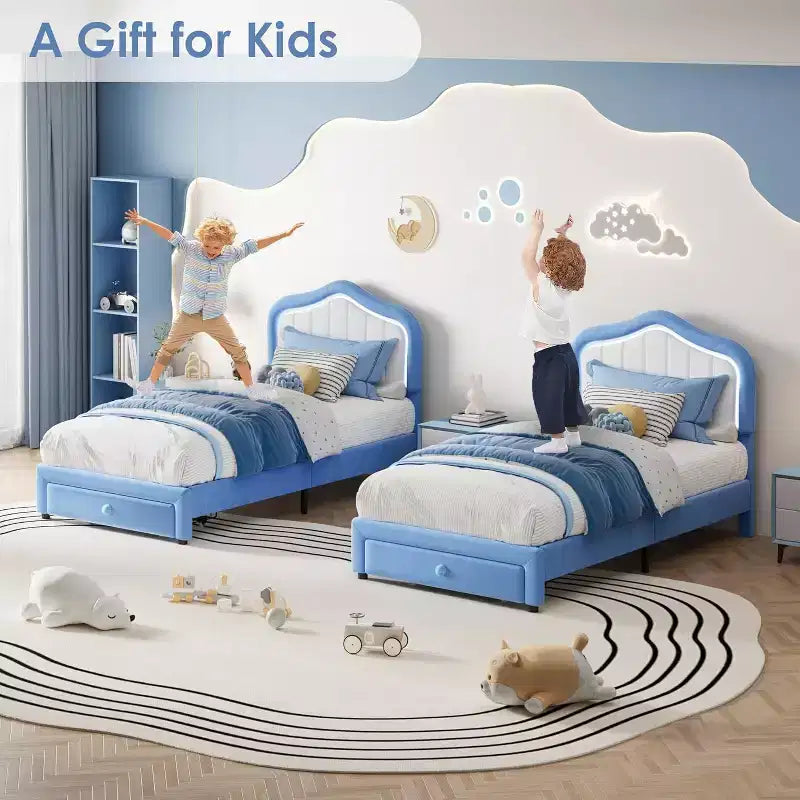 Upholstered Twin Bed Frame with Storage Drawer, Velvet Bed Frame with Headboard for Girls, Boys, No Box Spring Needed, Noise Free, Blue