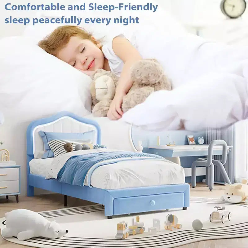 Upholstered Twin Bed Frame with Storage Drawer, Velvet Bed Frame with Headboard for Girls, Boys, No Box Spring Needed, Noise Free, Blue