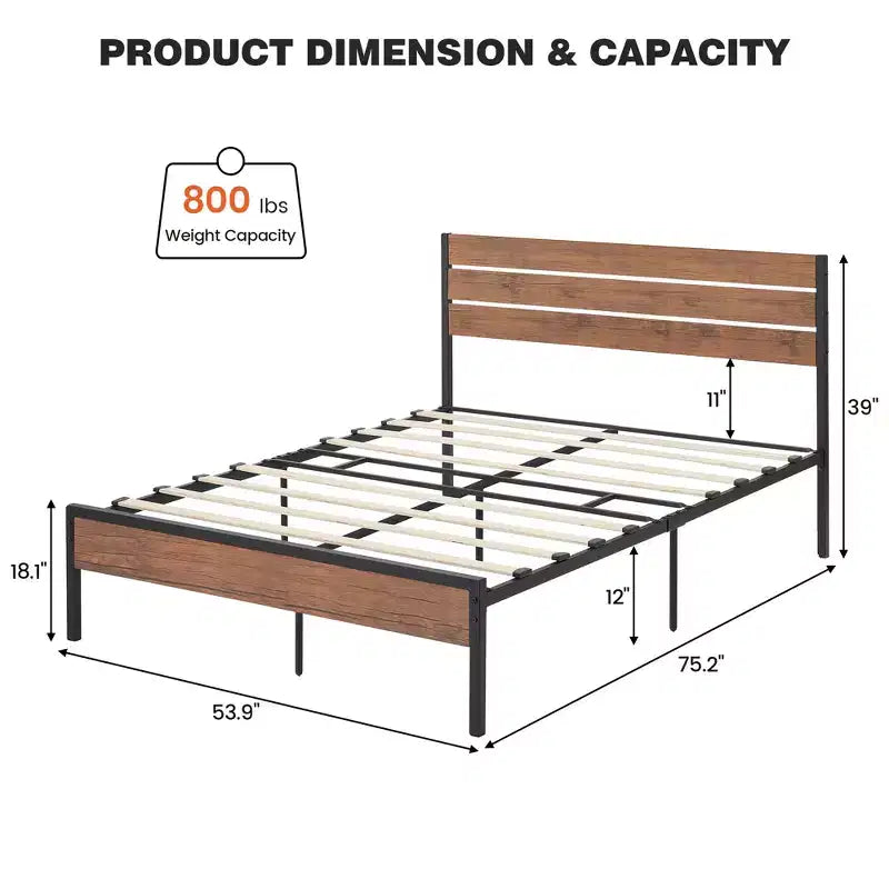 Queen Size Bed Frame, with Headboard and Footboard, Stable Platform Bed, No Noise, Brown