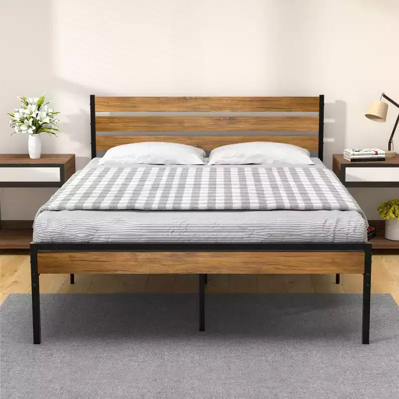 Queen Size Bed Frame, with Headboard and Footboard, Stable Platform Bed, No Noise, Brown