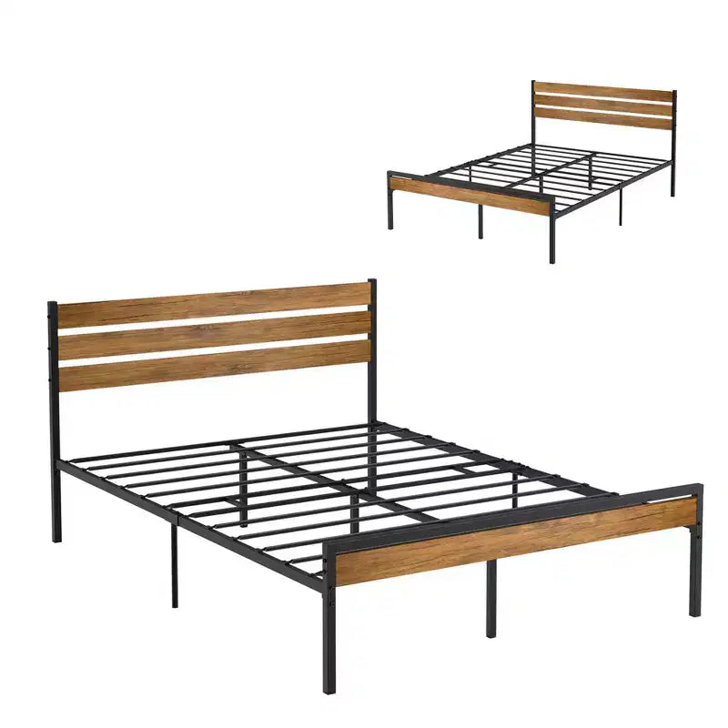 Queen Size Bed Frame, with Headboard and Footboard, Stable Platform Bed, No Noise, Brown