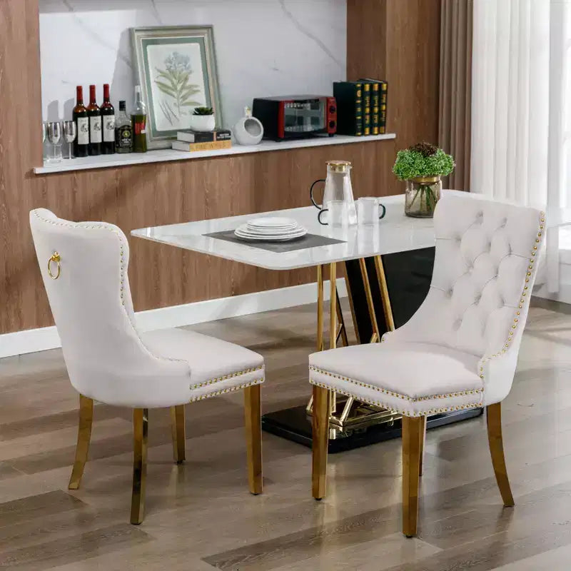 Okak Modern Comfy Dining Chairs Set of 2, Tufted Velvet Upholstery Kitchen Chairs with Chrome Stainless Metal Legs & Nailhead Trim