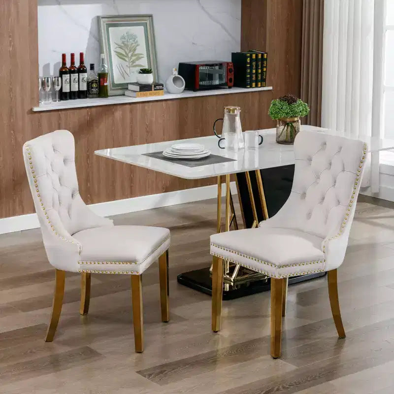 Okak Modern Comfy Dining Chairs Set of 2, Tufted Velvet Upholstery Kitchen Chairs with Chrome Stainless Metal Legs & Nailhead Trim