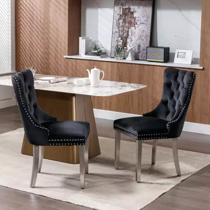 Okak Modern Comfy Dining Chairs Set of 2, Tufted Velvet Upholstery Kitchen Chairs with Chrome Stainless Metal Legs & Nailhead Trim