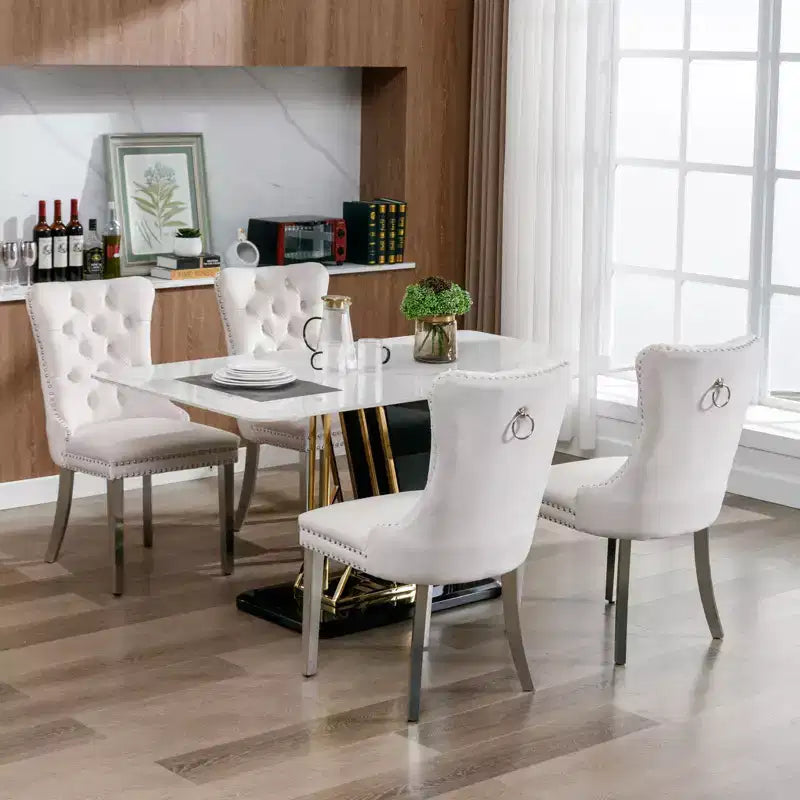 Okak Modern Comfy Dining Chairs Set of 2, Tufted Velvet Upholstery Kitchen Chairs with Chrome Stainless Metal Legs & Nailhead Trim