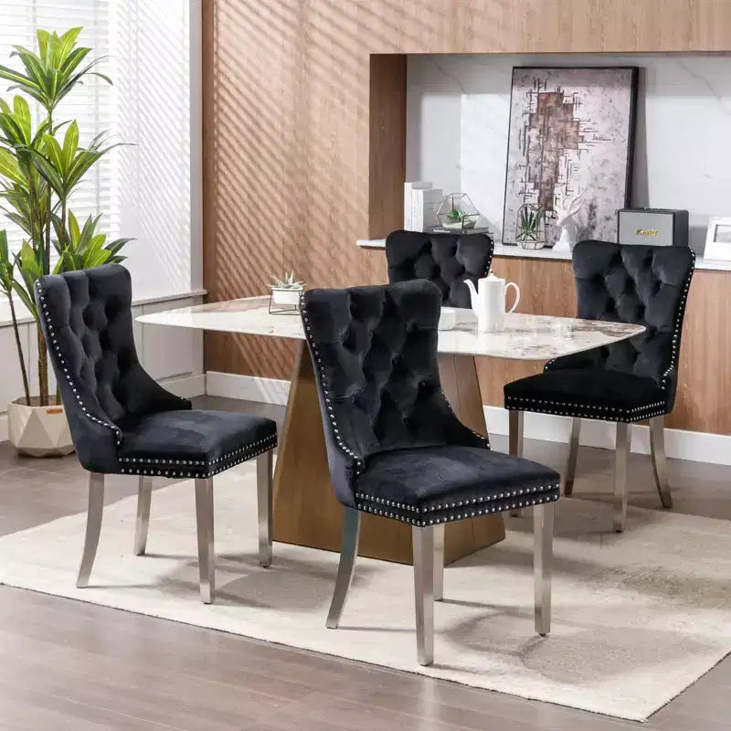 Okak Modern Comfy Dining Chairs Set of 2, Tufted Velvet Upholstery Kitchen Chairs with Chrome Stainless Metal Legs & Nailhead Trim