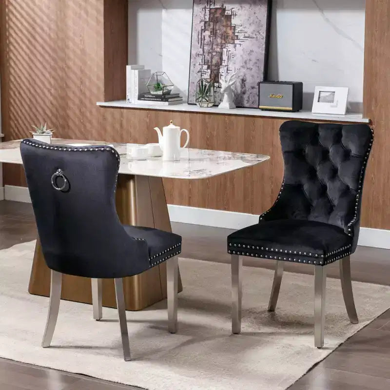 Okak Modern Comfy Dining Chairs Set of 2, Tufted Velvet Upholstery Kitchen Chairs with Chrome Stainless Metal Legs & Nailhead Trim