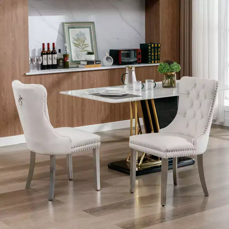 Okak Modern Comfy Dining Chairs Set of 2, Tufted Velvet Upholstery Kitchen Chairs with Chrome Stainless Metal Legs & Nailhead Trim