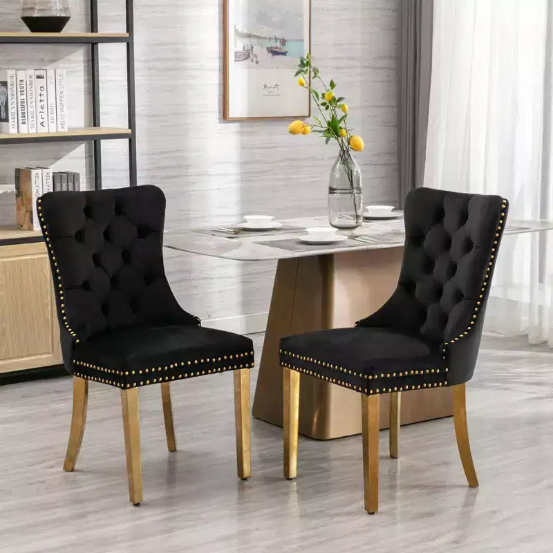 Okak Modern Comfy Dining Chairs Set of 2, Tufted Velvet Upholstery Kitchen Chairs with Chrome Stainless Metal Legs & Nailhead Trim