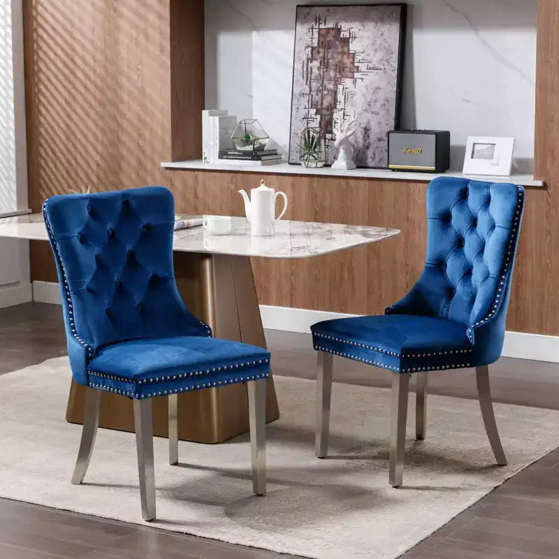 Okak Modern Comfy Dining Chairs Set of 2, Tufted Velvet Upholstery Kitchen Chairs with Chrome Stainless Metal Legs & Nailhead Trim