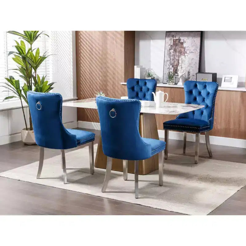 Okak Modern Comfy Dining Chairs Set of 2, Tufted Velvet Upholstery Kitchen Chairs with Chrome Stainless Metal Legs & Nailhead Trim